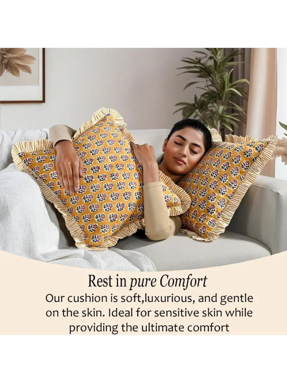 Yellow Citrine Block Print Ruffle Pillow Covers, 24x24 Inch, Set of 2
